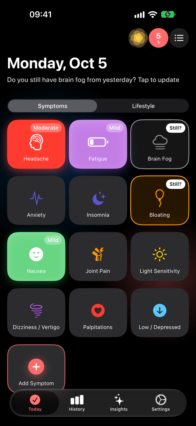 Today screen with symptom tiles in Trace Health