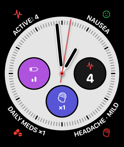 Apple Watch face with Trace Health complications: active symptom count and quick-log buttons for symptoms and activities