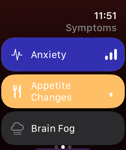 Trace Health symptom list on Apple Watch, with active symptoms in colour