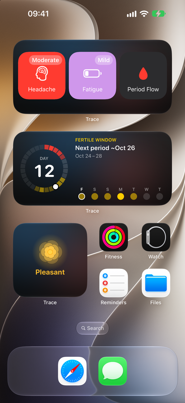 Trace Health widgets on the iPhone Home Screen: symptoms to log in one tap, the Cycle widget with day 12 on a ring and the next period, and today's mood